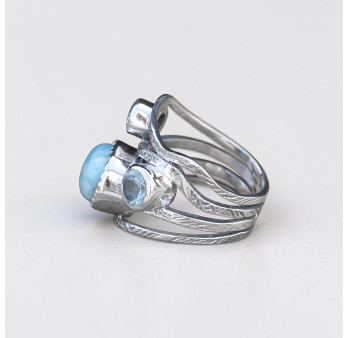 Bague 3 pierres Larimar et Topaze bleue argent martelé T52