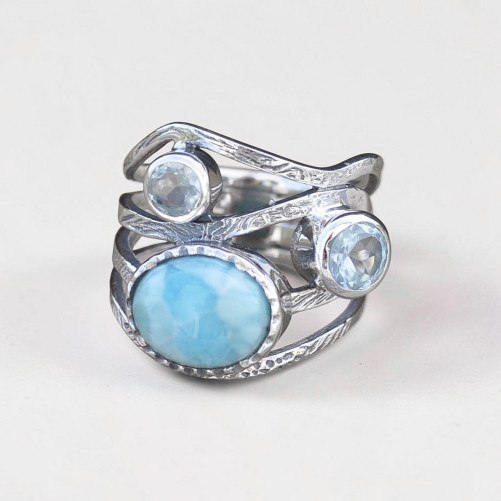 Bague 3 pierres Larimar et Topaze bleue argent martelé T52