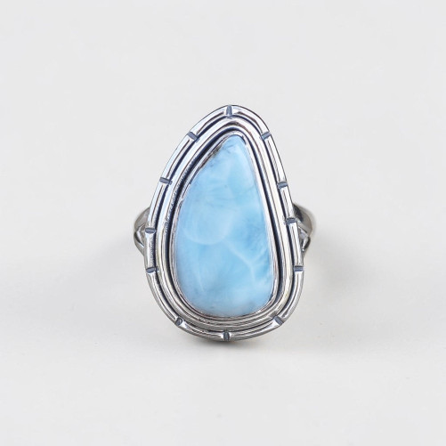 Bague en argent 925 et belle pierre en Larimar bleu T56