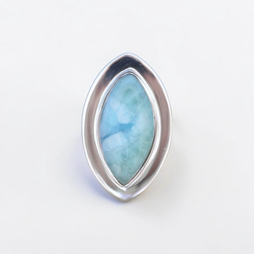 Bague marquise en argent plat et pierre Larimar (bleu) T52