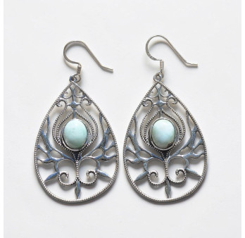 Grandes boucles d'oreilles argent goutte et pierre ovale en Larimar (bleu)