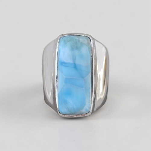 Grosse chevalière en argent et pierre rectangulaire Larimar T61