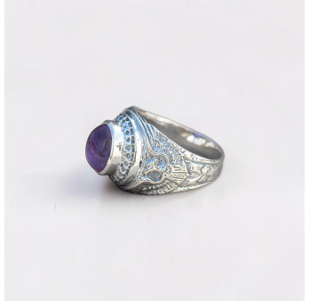 Chevalière Homme Faucon argent et pierre Améthyste T59