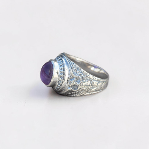 Chevalière Homme Faucon argent et pierre Améthyste T59