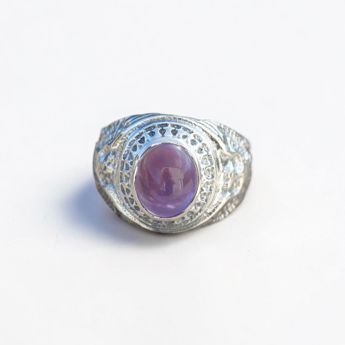 Chevalière Homme Faucon argent et pierre Améthyste T59