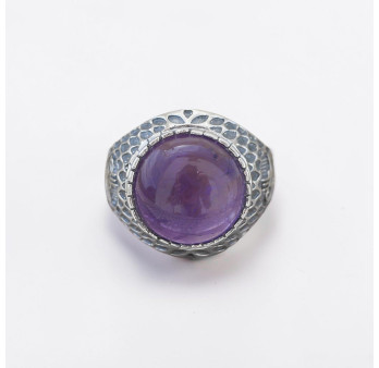 Chevalière Homme argent ciselé et pierre ronde Améthyste (violet) T59