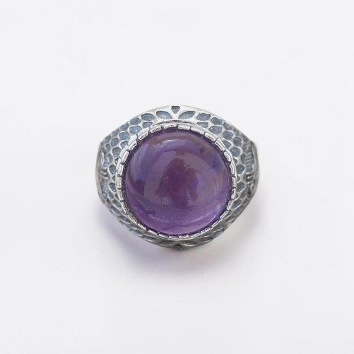 Chevalière Homme argent ciselé et pierre ronde Améthyste (violet) T59