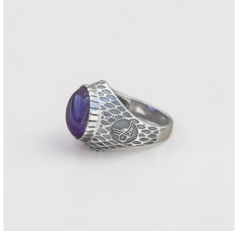 Chevalière Homme argent ciselé et pierre ronde Améthyste (violet) T59