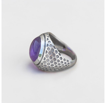 Chevalière Homme argent et pierre ronde Améthyste (violet) T59
