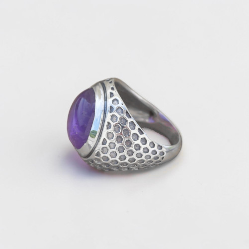 Chevalière Homme argent et pierre ronde Améthyste (violet) T59