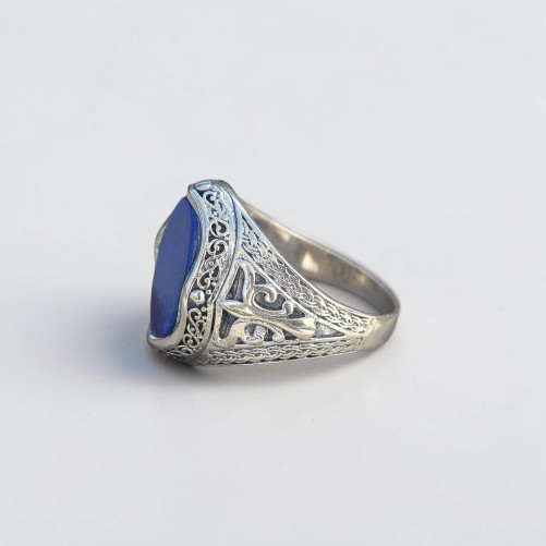 Chevalière Homme massive argent ciselé pierre ovale Lapis lazuli T66