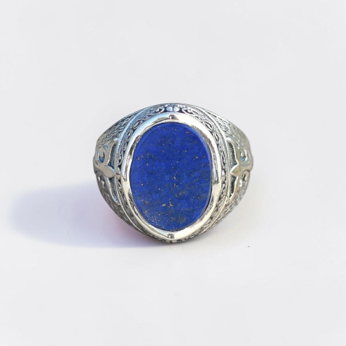 Chevalière Homme massive argent ciselé pierre ovale Lapis lazuli T66