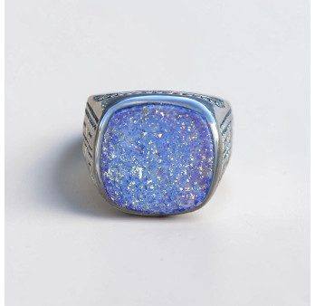 Grosse chevalière homme argent gravé et pierre carrée Lapis lazuli