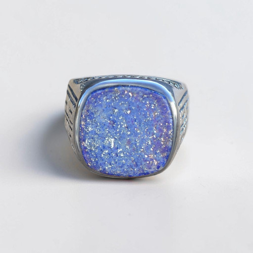 Grosse chevalière homme argent gravé et pierre carrée Lapis lazuli