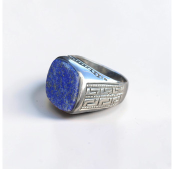 Grosse chevalière homme en argent gravé et pierre Lapis lazuli T67