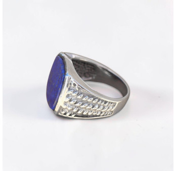 Chevalière Homme argent ciselé et pierre carrée Lapis lazuli (bleu) T65/67