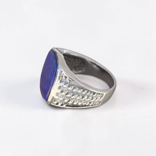 Chevalière Homme argent ciselé et pierre carrée Lapis lazuli (bleu) T65/67