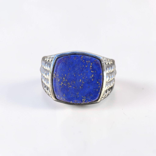 Chevalière Homme argent ciselé et pierre carrée Lapis lazuli (bleu) T65/67