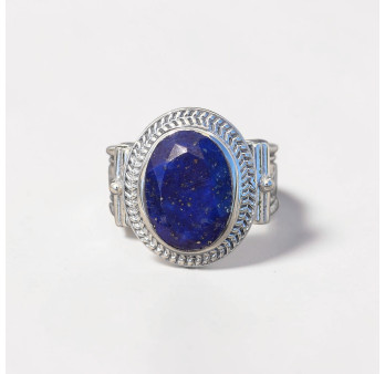 Bague mixte argent gravé et pierre facettée en Lapis lazuli T52/57