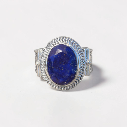 Bague mixte argent gravé et pierre facettée en Lapis lazuli T52/57