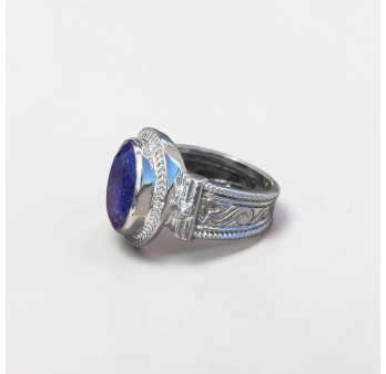 Bague mixte argent gravé et pierre facettée en Lapis lazuli T57
