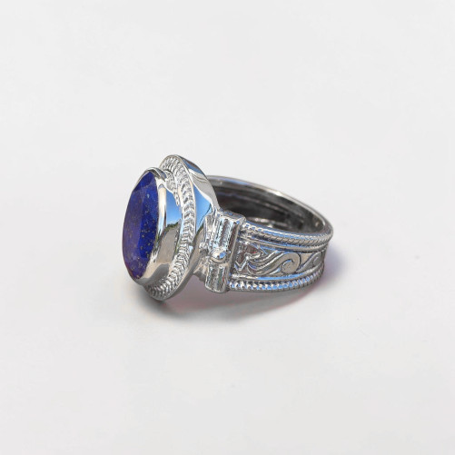 Bague mixte argent gravé et pierre facettée en Lapis lazuli T57