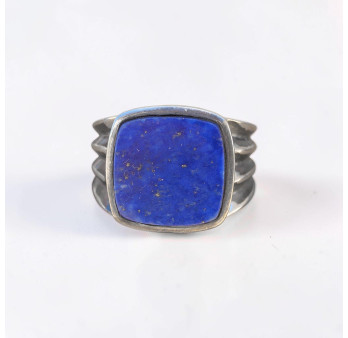 Chevalière Homme argent oxydé et pierre carrée Lapis lazuli (bleu) T65
