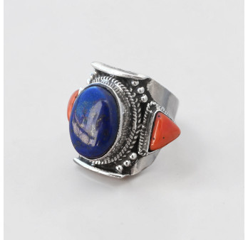 Bague large argent ciselé Lapis lazuli et triangles en Corail T57