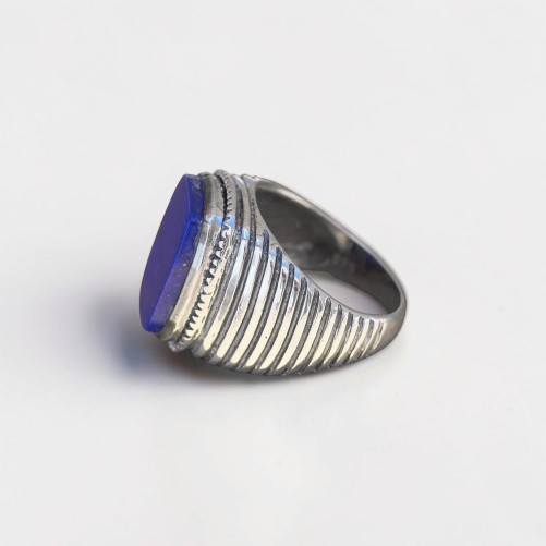 Chevalière Homme argent strié et pierre plate Lapis lazuli (bleu) T59/68