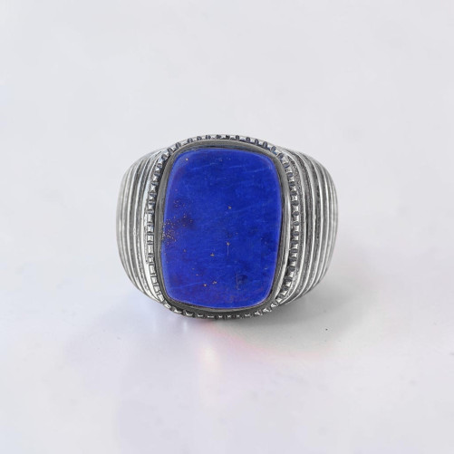 Chevalière Homme argent strié et pierre plate Lapis lazuli (bleu) T59/68