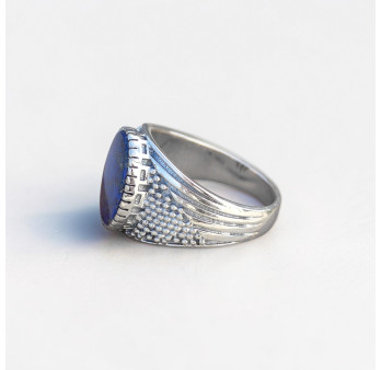 Chevalière Homme pierre plate Lapis lazuli et argent ciselé T61