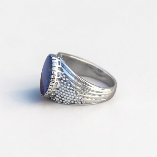 Chevalière Homme pierre plate Lapis lazuli et argent ciselé T61