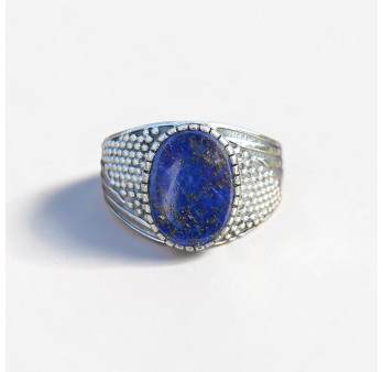 Chevalière Homme pierre plate Lapis lazuli et argent ciselé T61