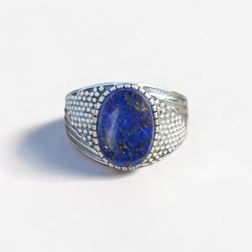 Chevalière Homme pierre plate Lapis lazuli et argent ciselé T61