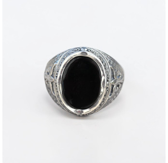 Chevalière Homme massive argent ciselé pierre ovale Onyx noir T67