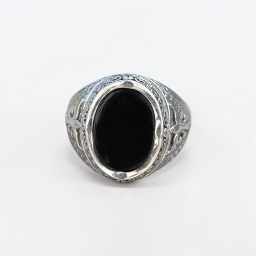 Chevalière Homme massive argent ciselé pierre ovale Onyx noir T67