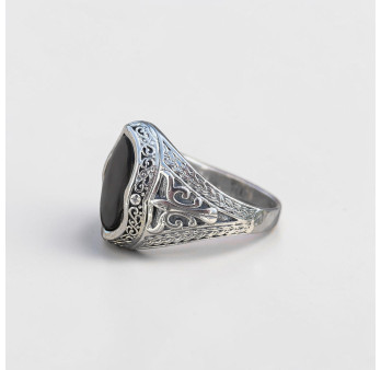 Chevalière Homme massive argent ciselé pierre ovale Onyx noir T67