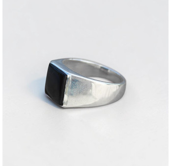 Chevalière Homme argent lisse et pierre carrée Onyx noir T60