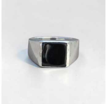 Chevalière Homme argent lisse et pierre carrée Onyx noir T60