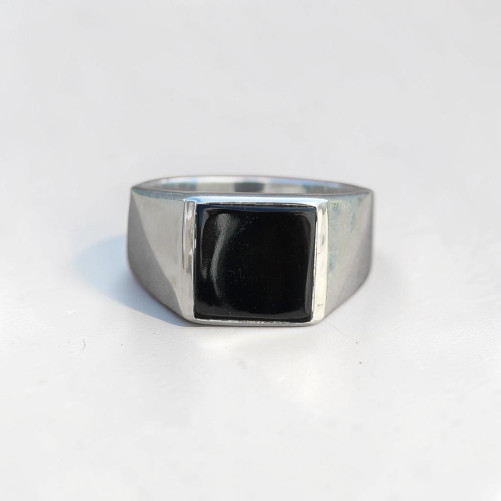 Chevalière Homme argent lisse et pierre carrée Onyx noir T60