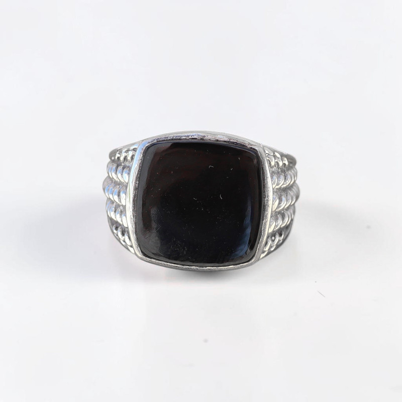 Chevalière Homme argent ciselé et pierre carrée Onyx noir (noir) T63