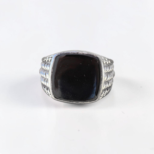 Chevalière Homme argent ciselé et pierre carrée Onyx noir (noir) T63