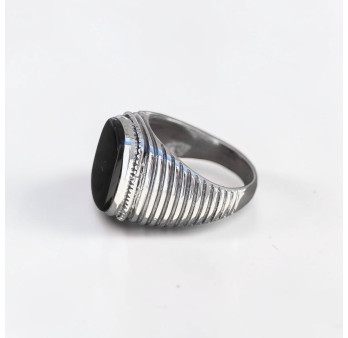 Chevalière Homme argent strié et pierre plate Onyx noir (noir) T66