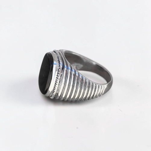 Chevalière Homme argent strié et pierre plate Onyx noir (noir) T66