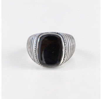 Chevalière Homme argent strié et pierre plate Onyx noir (noir) T66