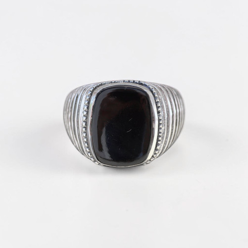 Chevalière Homme argent strié et pierre plate Onyx noir (noir) T66