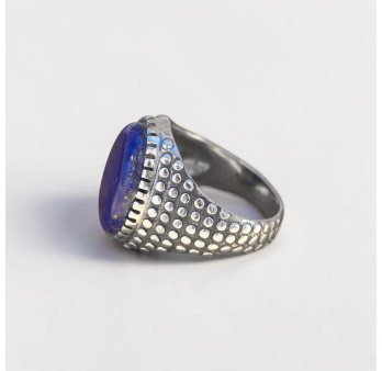 Chevalière Homme argent ciselé points et Lapis lazuli (bleu) T63