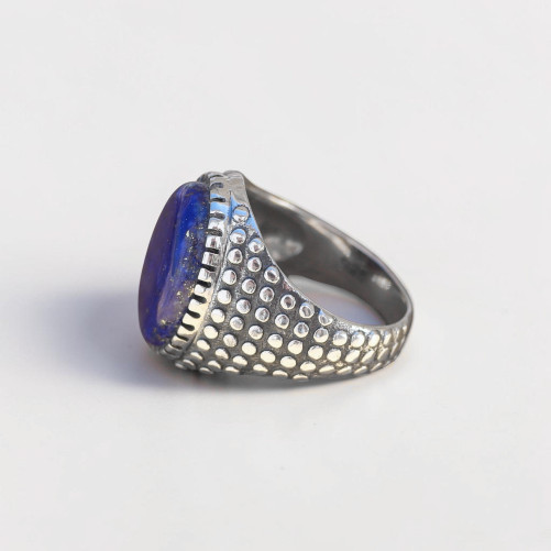 Chevalière Homme argent ciselé points et Lapis lazuli (bleu) T63