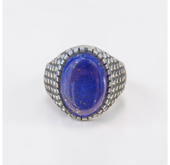 Chevalière Homme argent ciselé points et Lapis lazuli (bleu) T63