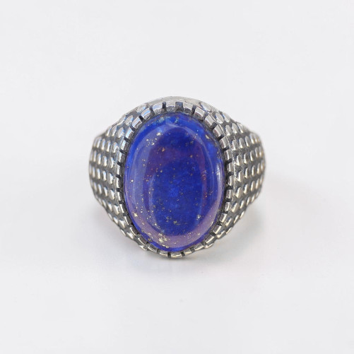 Chevalière Homme argent ciselé points et Lapis lazuli (bleu) T63
